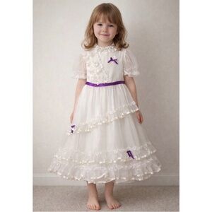 Vintage BBR Kids White Ruffle Flower Girl Dress Purple Accents Girls Size 6
